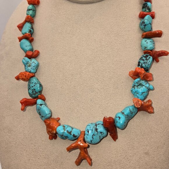 Natural Kingman Turquoise Nugget with Coral Necklace - Picture 3 of 5